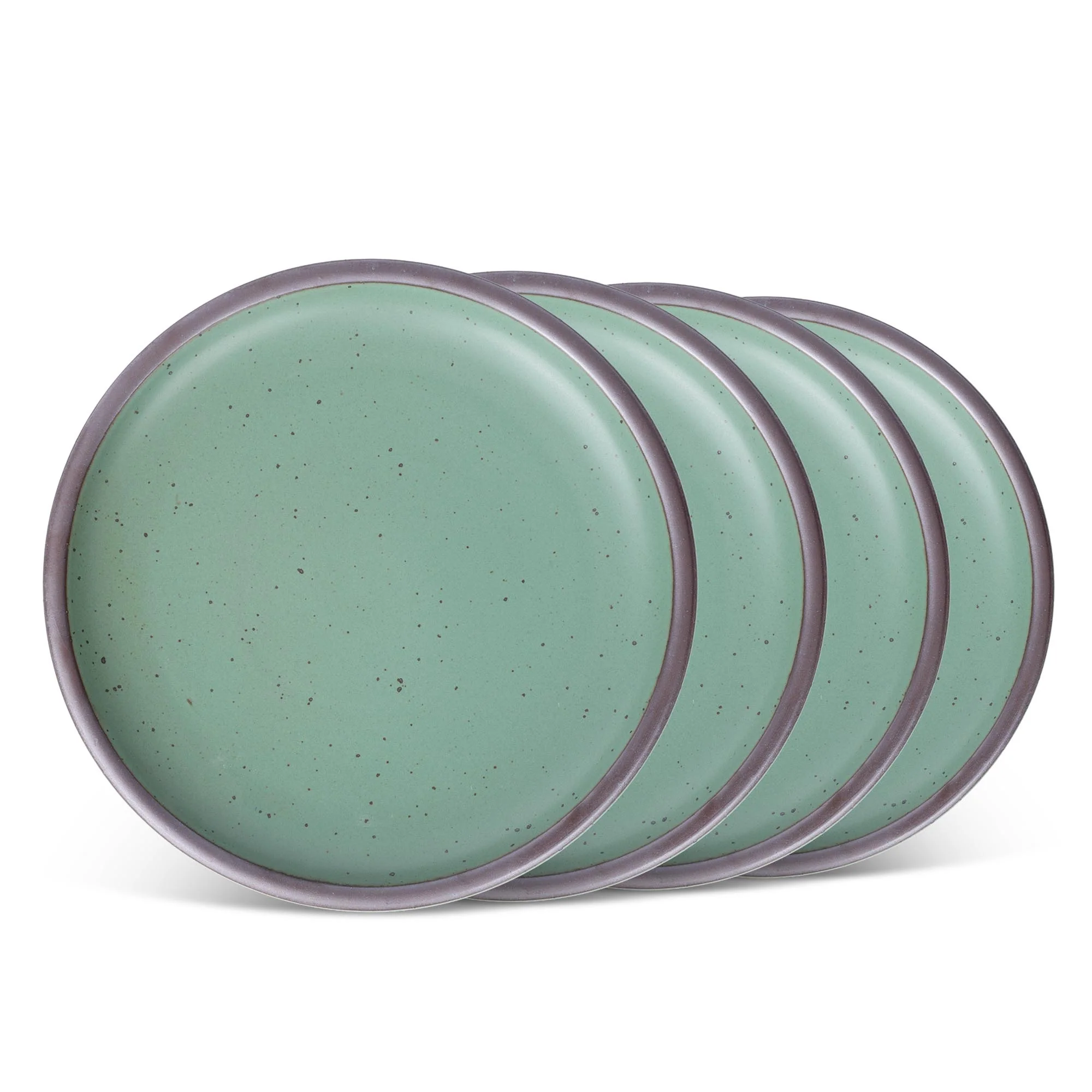 Four ceramic plates with a wide surface and low rims in a viridian green glaze with a matte finish.