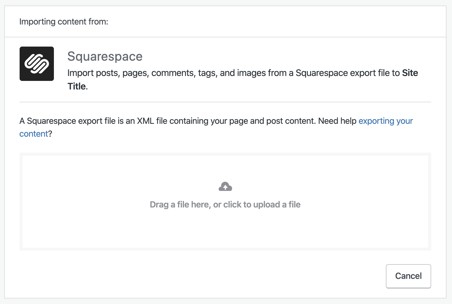 Squarespace importer screen