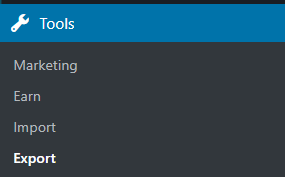 Menú de la barra lateral con la sección Herramientas ampliada y el elemento Exportar resaltado