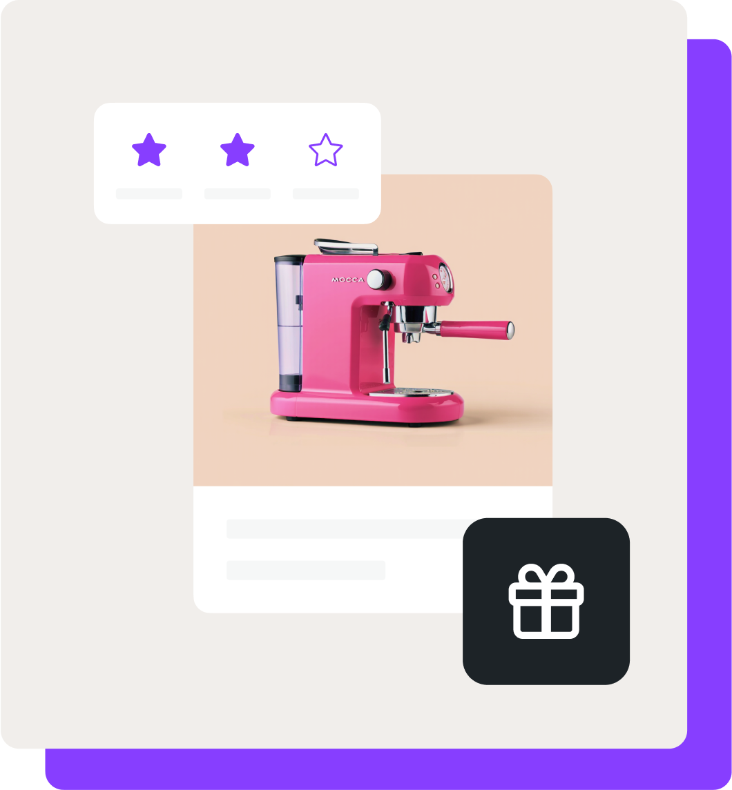 A product photo of a pink espresso machine with two our of three loyalty stars and an icon of a present