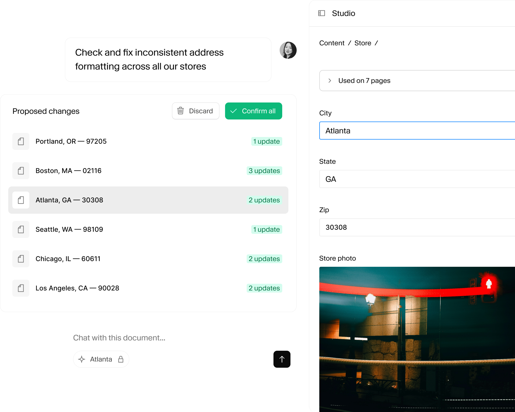 A user interface for checking and fixing store address formatting issues, showing proposed changes for multiple cities and editable details for Atlanta, GA 30308.