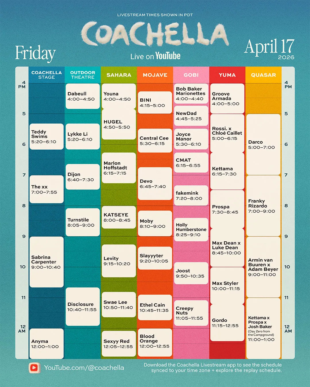 Coachella livestream schedule for Friday, April 17th.