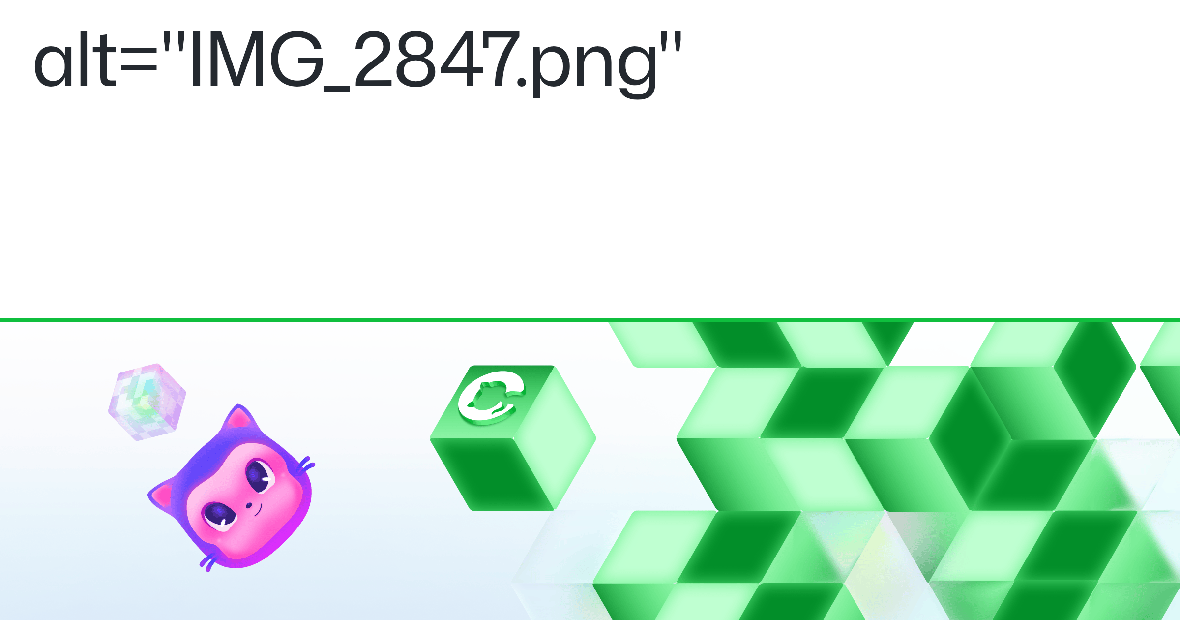 Humorous header image with 'alt=IMG_2847.png' written across the top, and Mona's head looking up at a cube next to a GitHub logo on the bottom.