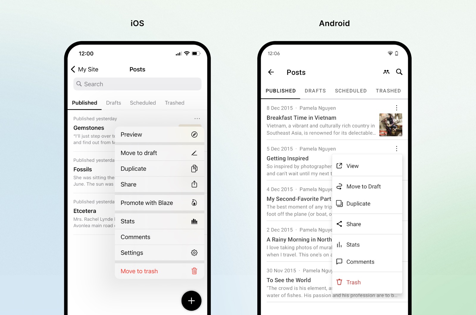 A side-by-side view of the Jetpack App's actions menu expanded in both the iOS app and the Android app. 