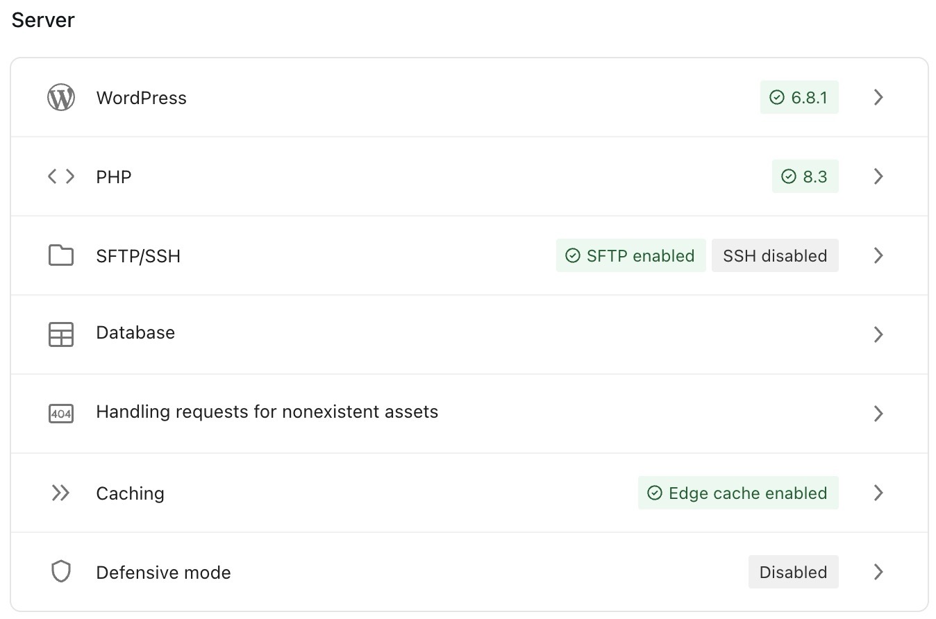 The Server Settings section of the Hosting Overview dashboard.