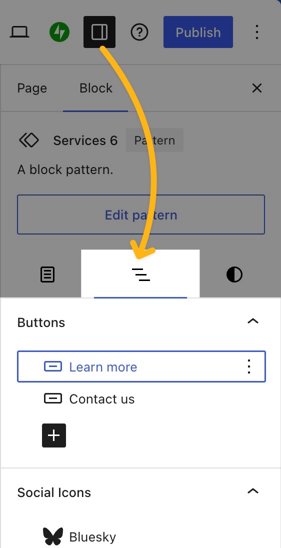 The List view open in the block settings sidebar for a block pattern.