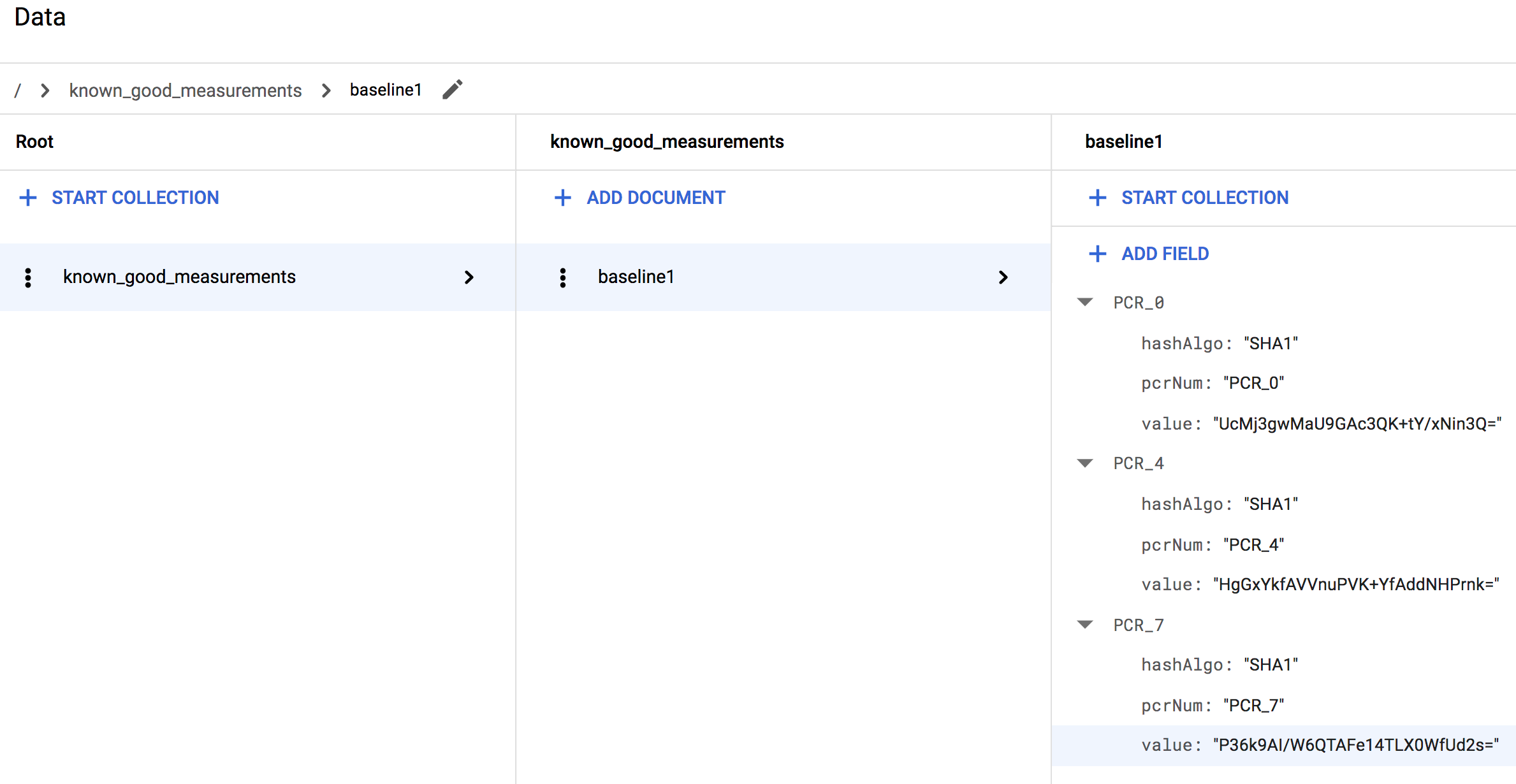 A Cloud Firestore database showing a completed known_good_measurements collection for Linux.