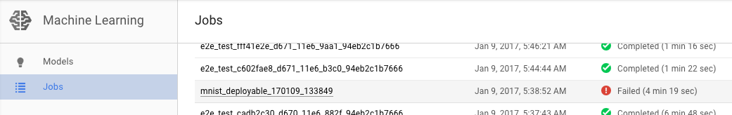 The AI Platform job list showing a failed job.
