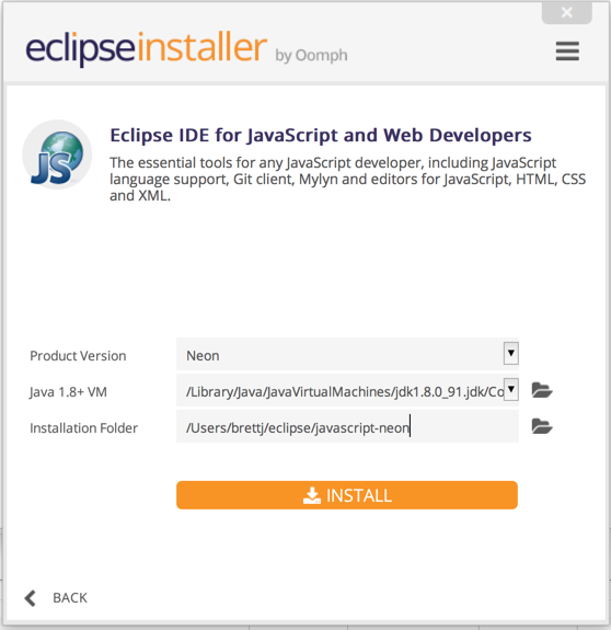 Installing Eclipse with the Eclipse installer. Screenshot.