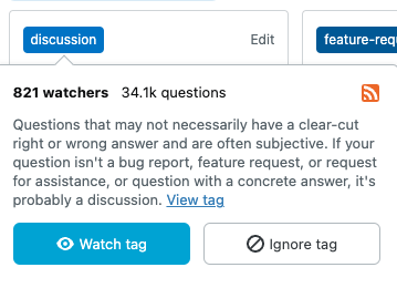 Screenshot of the popover that appears when hovering over a tag. The RSS feed icon is visible in the top-right.
