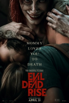 A demon-possessed woman eerily smiles while hugging a young woman, a teen boy, and an adolescent girl.