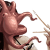 ext_9594: drawn crop of an octopus escaping a piece of sushi and attaching to a woman's face ([ dresden ] sneaky harry didn't do it)