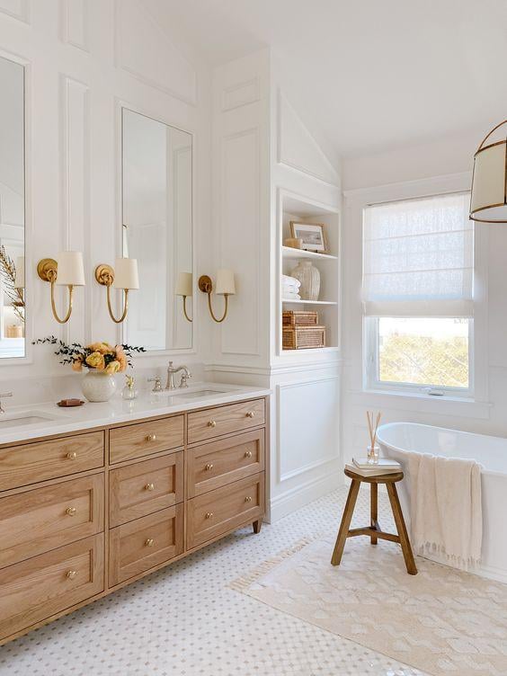 Beautiful bathroom ideas, with decorating ideas, designs, lighting, vanity ideas, wood cabinets, hardware, faucets, bathroom decor, glam bathroom ideas, shower tile & more - akb design studio