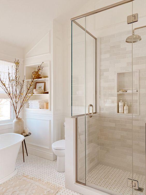 Beautiful bathroom ideas, with decorating ideas, designs, lighting, vanity ideas, wood cabinets, hardware, faucets, bathroom decor, glam bathroom ideas, shower tile & more - akb design studio