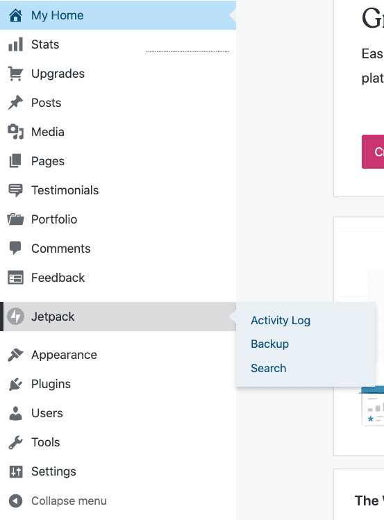 תפריט הסרגל הצדי השמאלי של WordPress.com שבו 'Jetpack' מודגש ו'יומן פעילות' מורחב.
