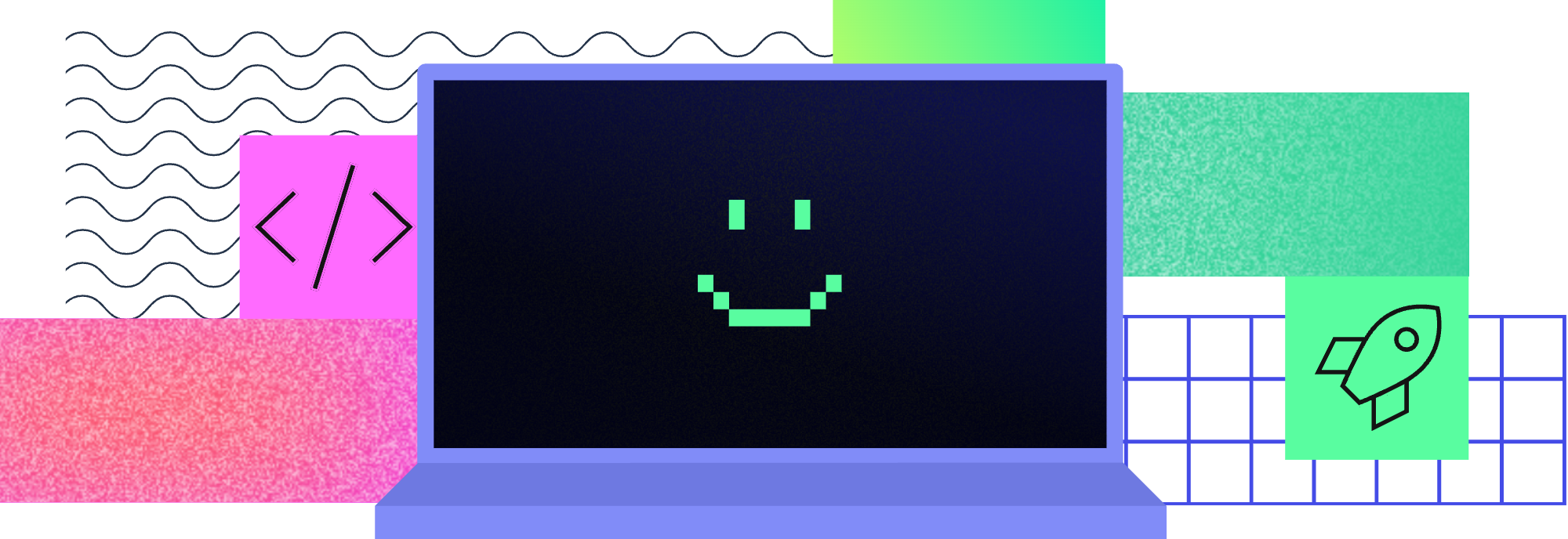 Purple laptop displaying a green pixelated smiley face on dark screen, surrounded by colorful geometric shapes and icons.