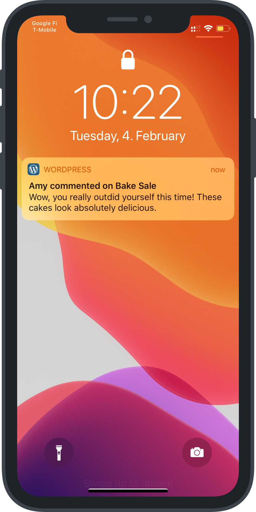 Iphone screen showing a comment notification via WordPress mobile app