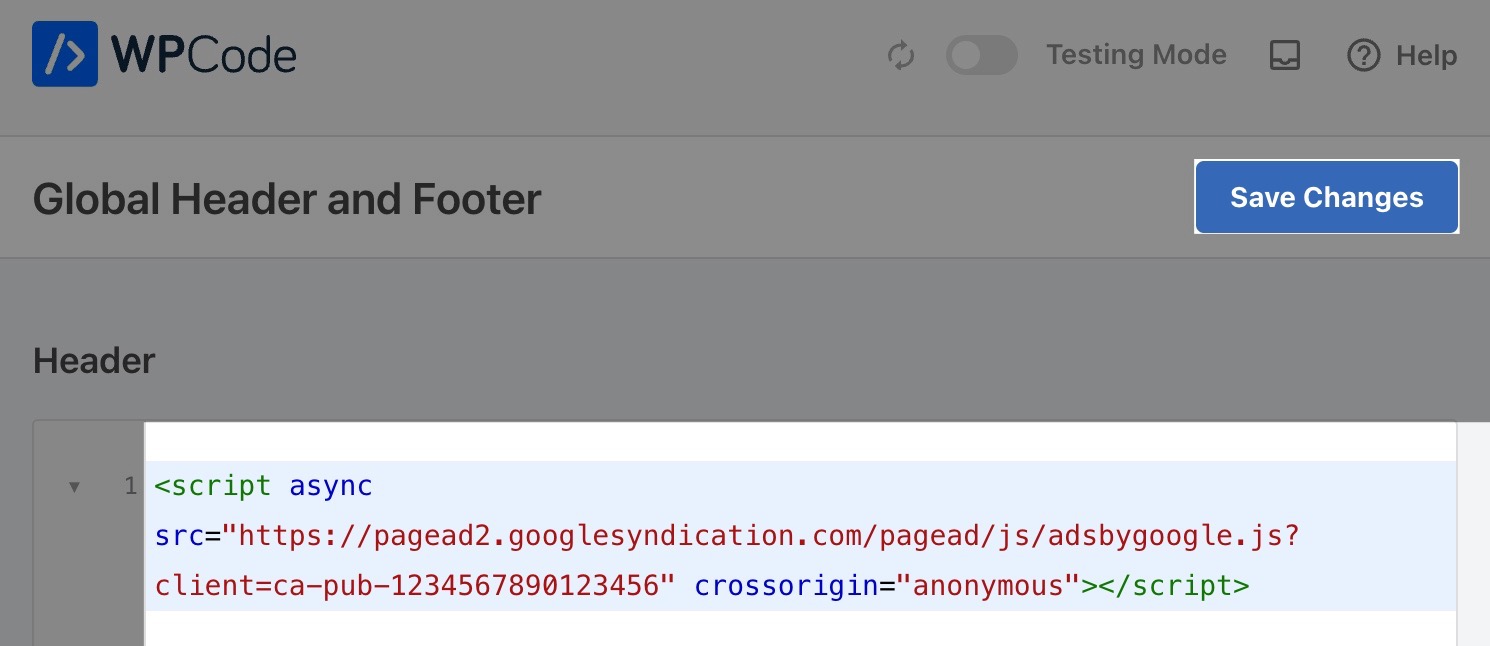 Example header code added to the WPCode interface.