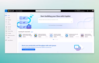 Microsoft Power Automate landing page showing a prompt to start building your flow with copilot